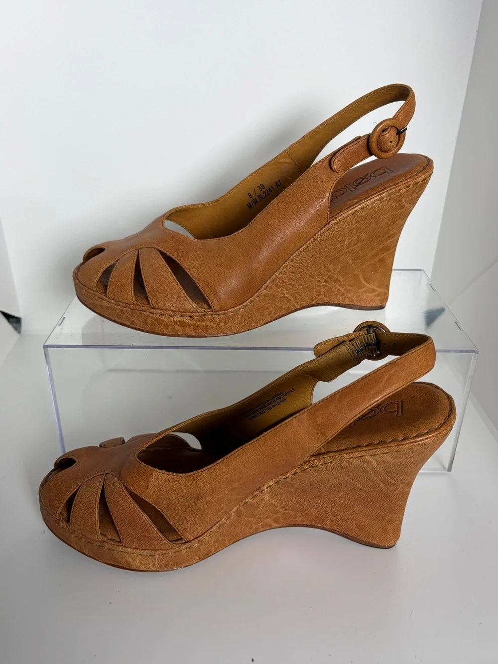 Bolo Leather Peep-Toe Slingback Wedge Sandals in Cognac; Size 8/39; Made by Born